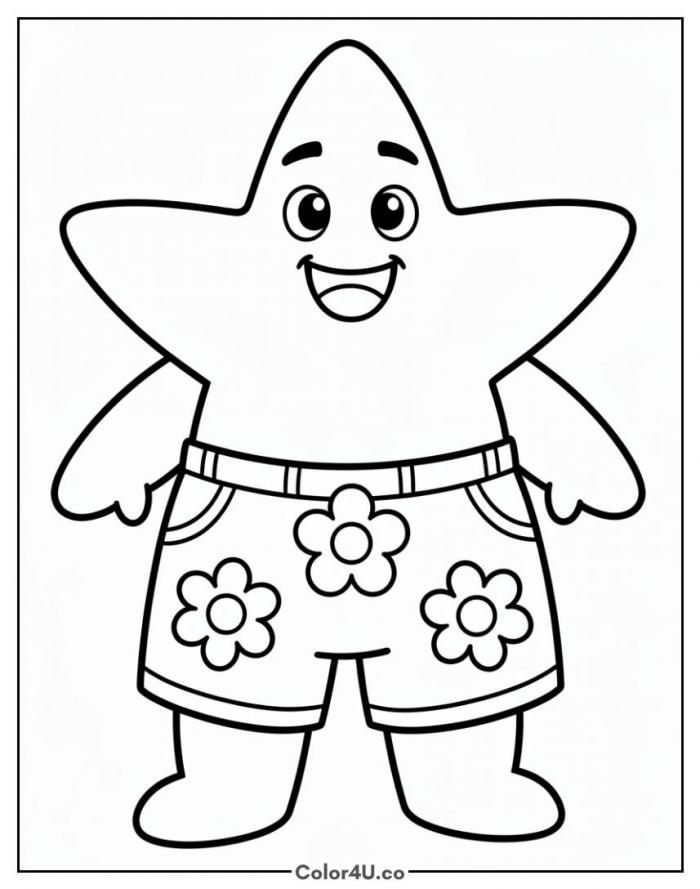 Patrick Star standing and grinning in flowered shorts, easy SpongeBob SquarePants coloring page