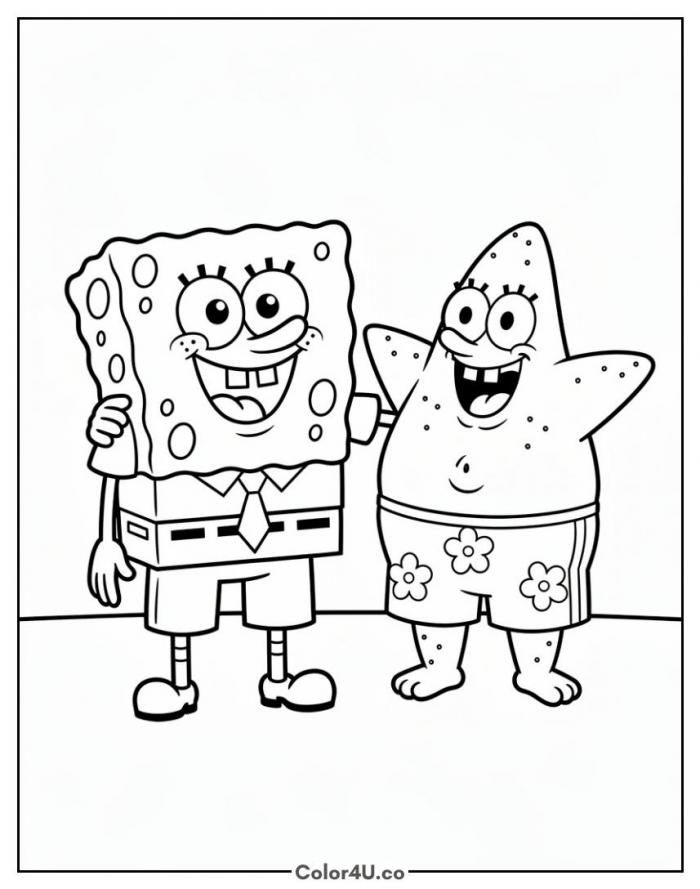 SpongeBob and Patrick standing arm in arm, medium SpongeBob SquarePants coloring page, free printable