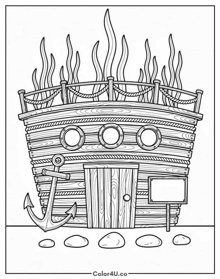 The Krusty Krab restaurant with anchor and portholes, detailed SpongeBob SquarePants coloring page