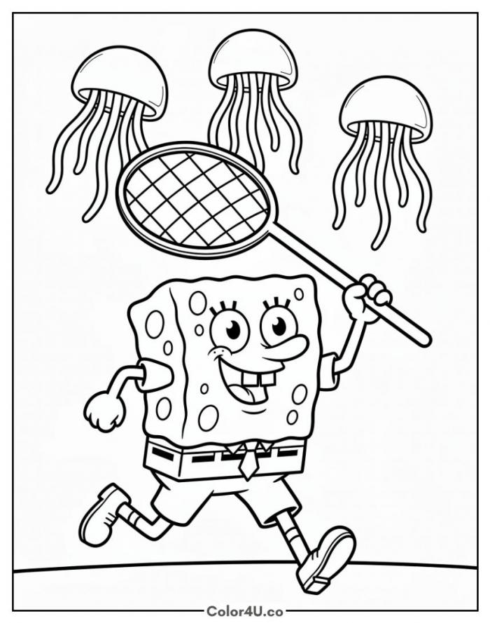SpongeBob jellyfishing with a net under three jellyfish, medium SpongeBob SquarePants coloring page