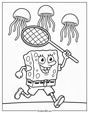 SpongeBob Jellyfishing with a Net coloring page