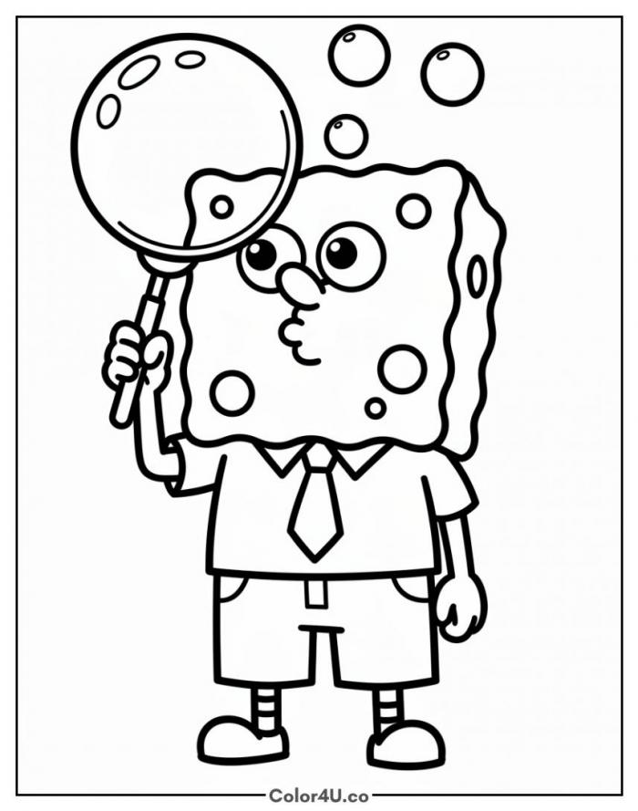 SpongeBob blowing a big bubble with a wand, medium SpongeBob SquarePants coloring page, free printable