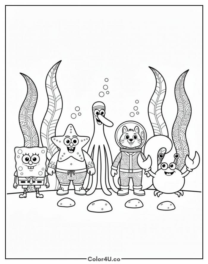 Five Bikini Bottom friends standing together among kelp, detailed SpongeBob SquarePants coloring page
