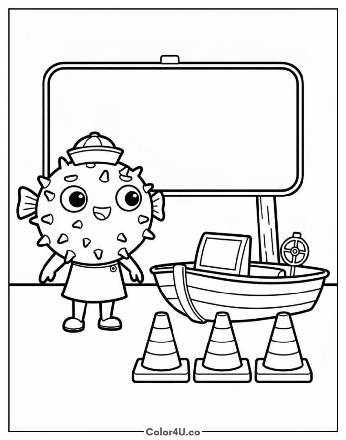 Mrs. Puff at boating school with a boat and cones, medium SpongeBob SquarePants coloring page