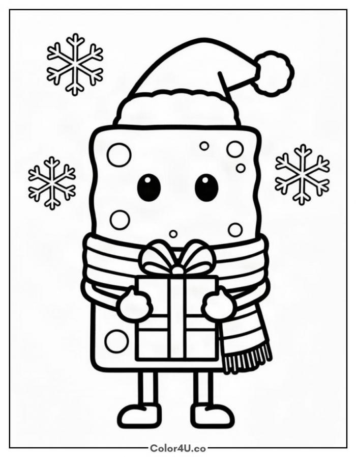 SpongeBob in a Santa hat holding a gift, medium SpongeBob SquarePants coloring page, free printable