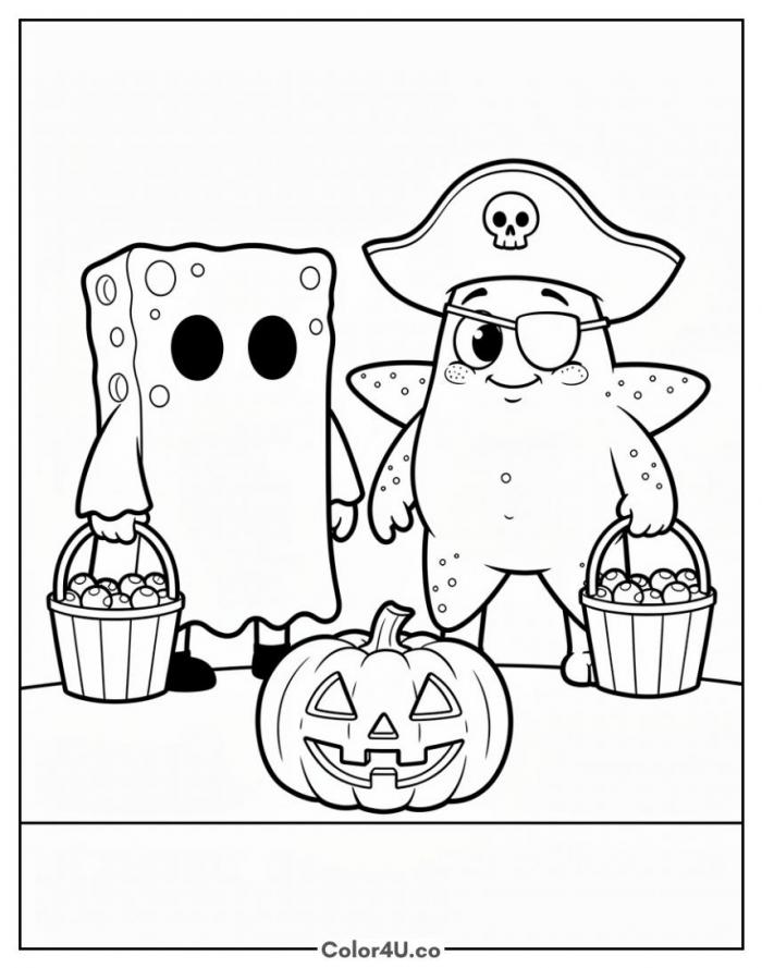 SpongeBob and Patrick in Halloween costumes with candy buckets, detailed SpongeBob coloring page