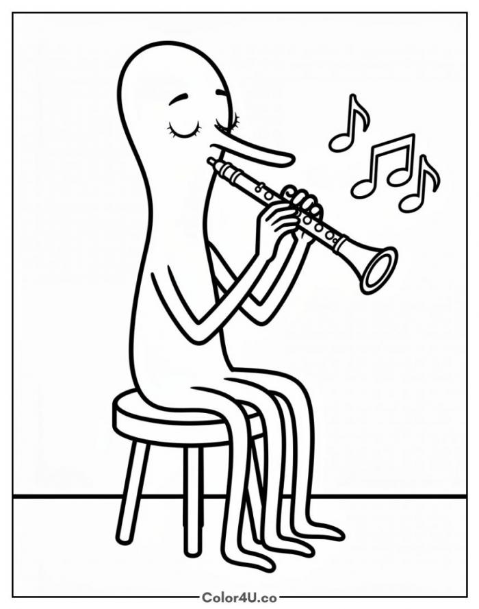 Squidward playing his clarinet on a stool, medium SpongeBob SquarePants coloring page, free printable