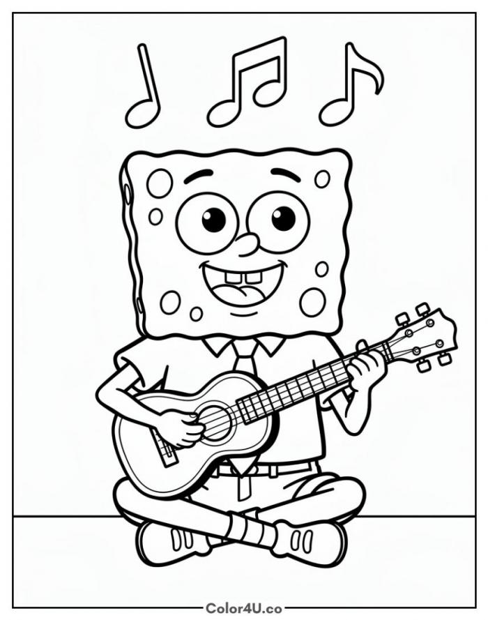 SpongeBob playing the ukulele cross-legged, medium SpongeBob SquarePants coloring page, free printable
