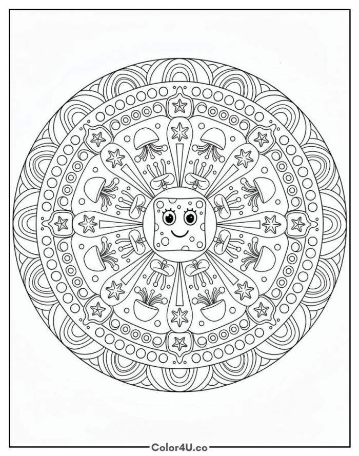 SpongeBob mandala with jellyfish and starfish rings, detailed SpongeBob SquarePants coloring page