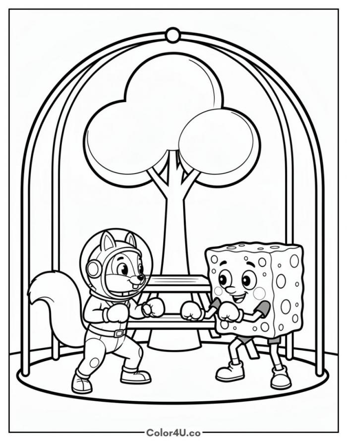 Sandy and SpongeBob practicing karate in the treedome, medium SpongeBob SquarePants coloring page