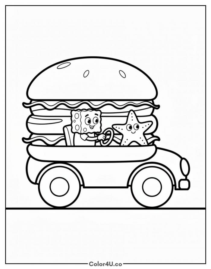 SpongeBob and Patrick driving the Patty Wagon, medium SpongeBob SquarePants coloring page, free printable