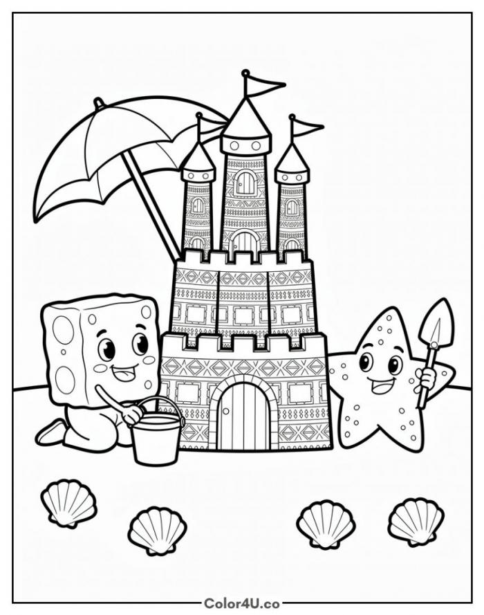 SpongeBob and Patrick building a sandcastle at Goo Lagoon, detailed SpongeBob coloring page