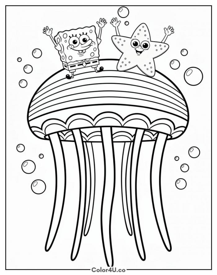 SpongeBob and Patrick riding a giant jellyfish, medium SpongeBob SquarePants coloring page