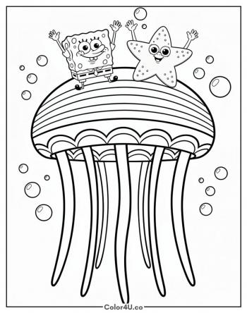 SpongeBob and Patrick Riding a Jellyfish coloring page