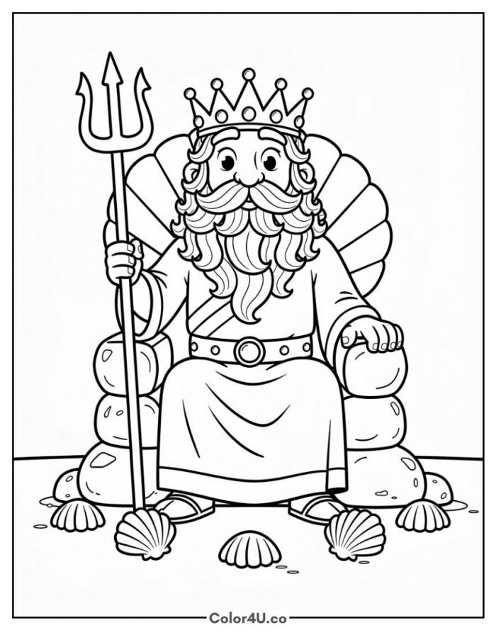 King Neptune with his trident on a shell throne, detailed SpongeBob SquarePants coloring page