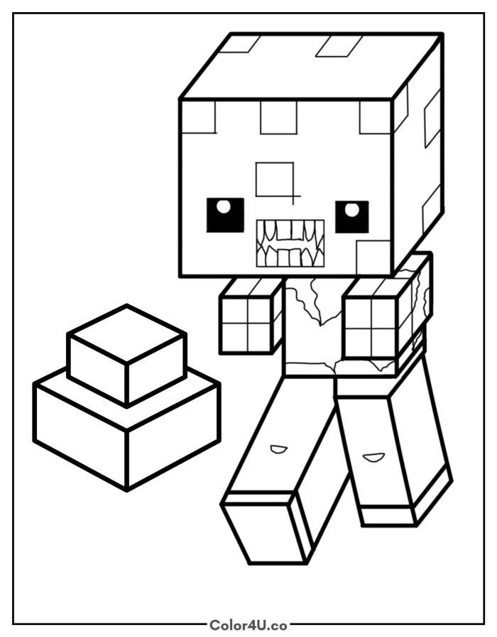 Minecraft zombie with big head and jagged teeth beside blocks, medium Minecraft coloring page, free printable
