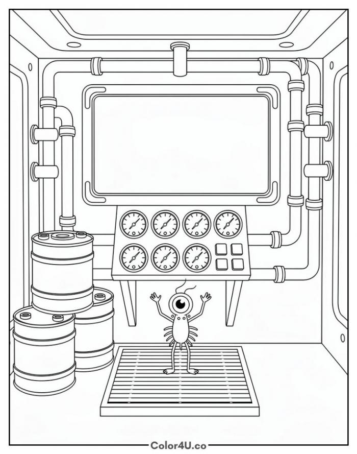 Plankton in his Chum Bucket lab with pipes and dials, detailed SpongeBob coloring page