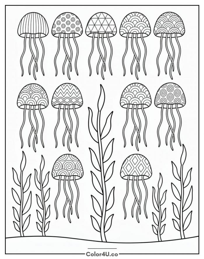 Patterned jellyfish drifting above seaweed, detailed SpongeBob SquarePants coloring page, free printable