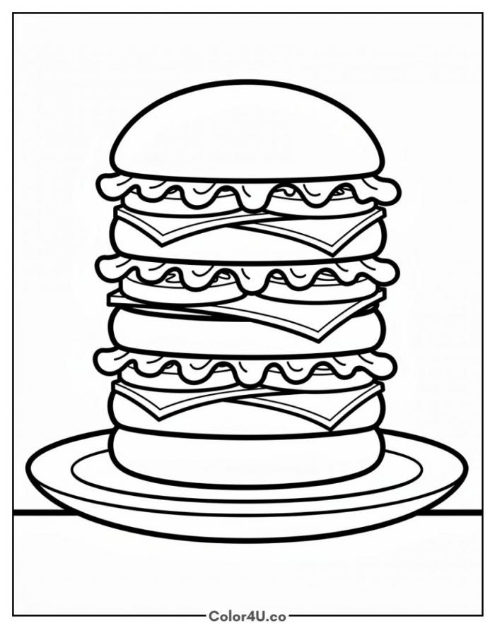 A tall stack of Krabby Patties on a plate, easy SpongeBob SquarePants coloring page, free printable