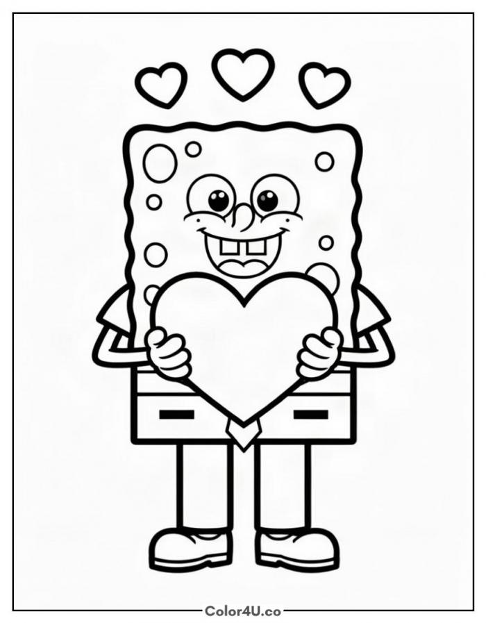 SpongeBob holding a big heart, easy SpongeBob SquarePants coloring page, free printable