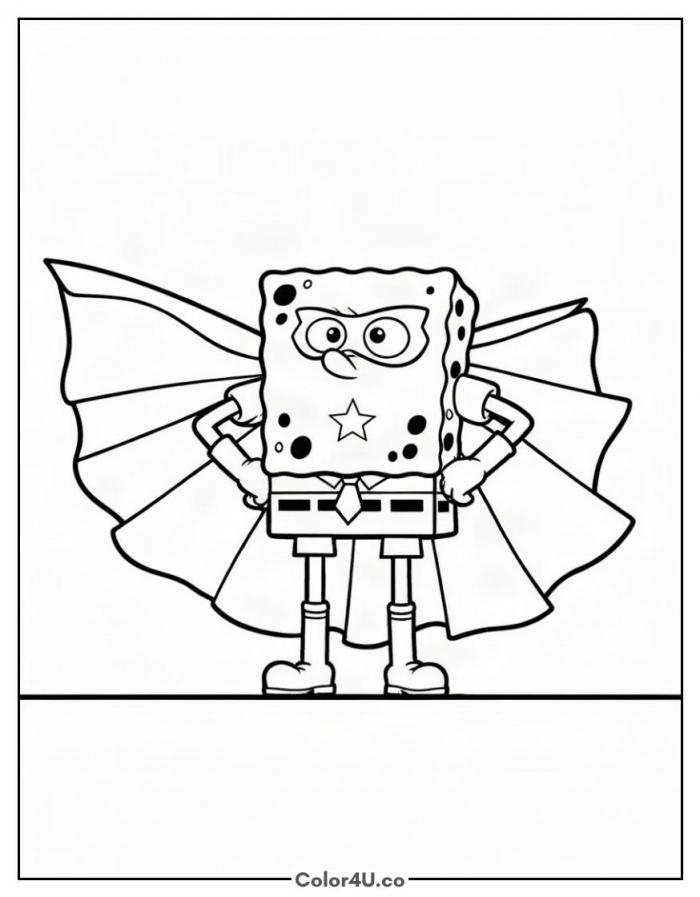 SpongeBob in a superhero cape and mask, medium SpongeBob SquarePants coloring page, free printable