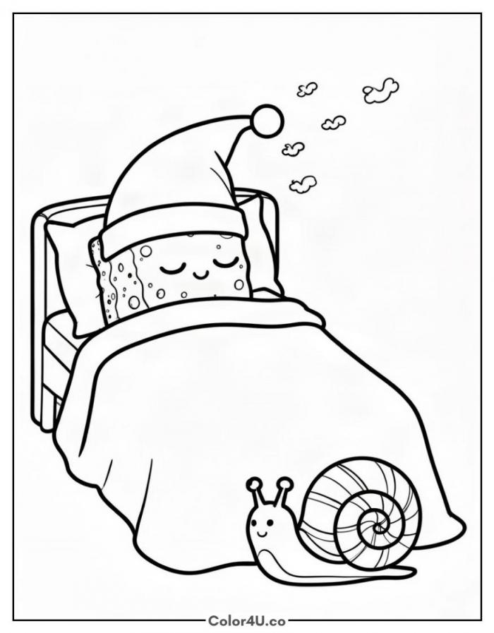 Sleepy SpongeBob in a nightcap with Gary, medium SpongeBob SquarePants coloring page