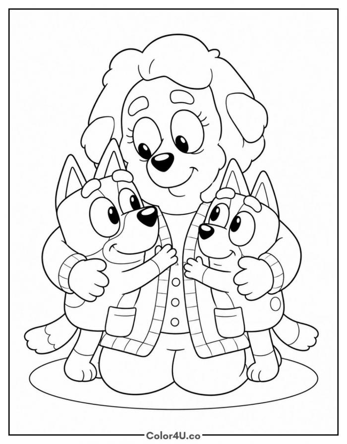 Nana Chris hugging Bluey and Bingo, medium Bluey coloring page, free printable