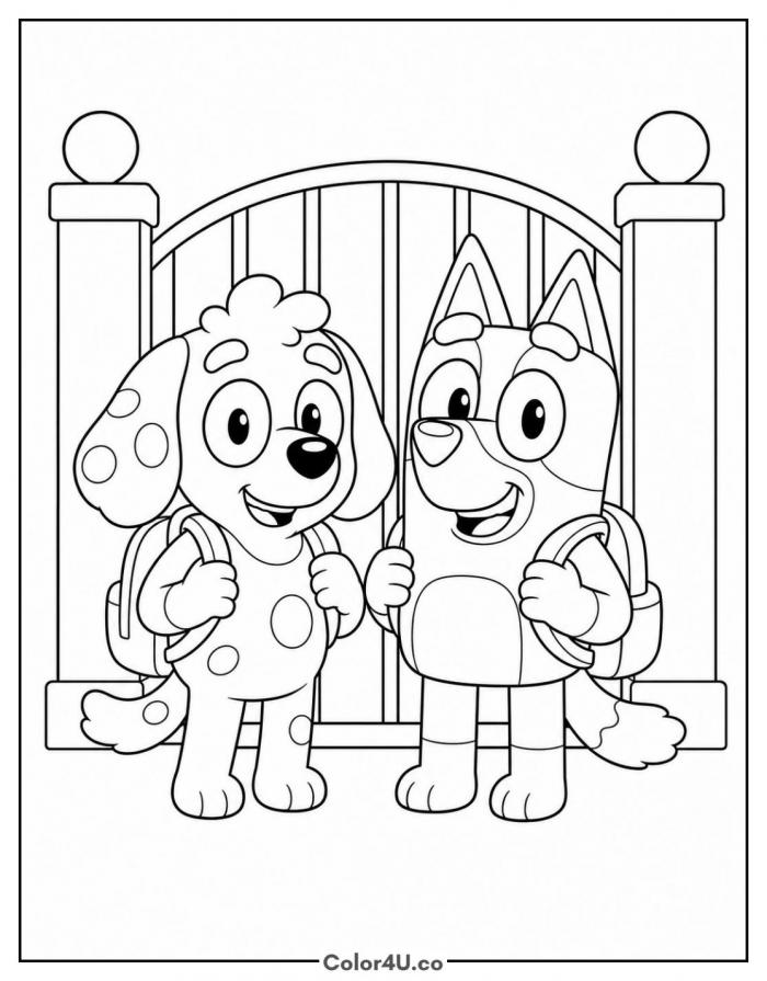 Chloe and Bluey with backpacks at the school gate, medium Bluey coloring page, free printable