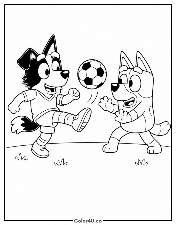 Mackenzie and Bluey playing soccer, medium Bluey coloring page, free printable