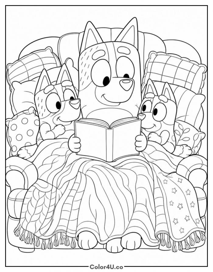 Chilli reading a bedtime story to Bluey and Bingo, detailed Bluey coloring page, free printable