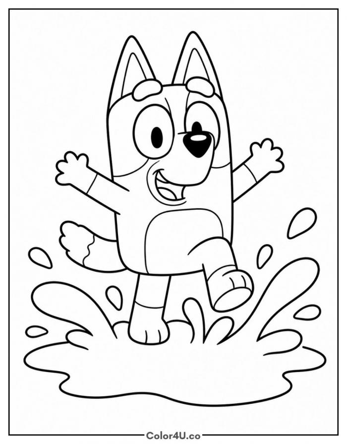 Bluey jumping in a muddy puddle, easy Bluey coloring page, free printable