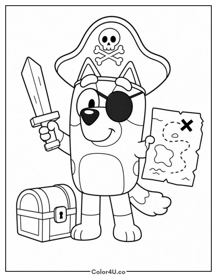 Bluey dressed as a pirate with a sword and map, medium Bluey coloring page, free printable
