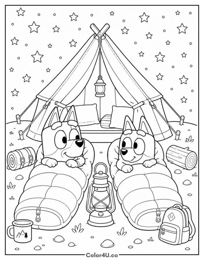 Bluey and Bingo camping in sleeping bags, detailed Bluey coloring page, free printable
