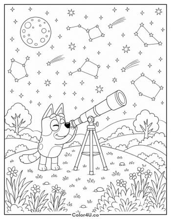 Bluey Stargazing with a Telescope coloring page