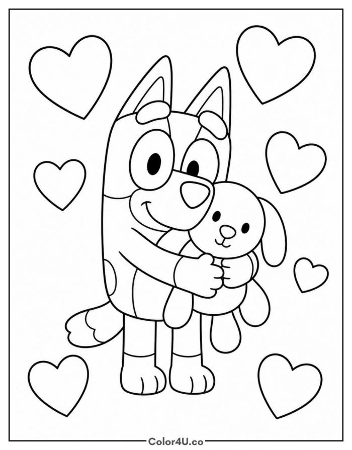 Bluey hugging a toy surrounded by hearts, medium Bluey coloring page, free printable