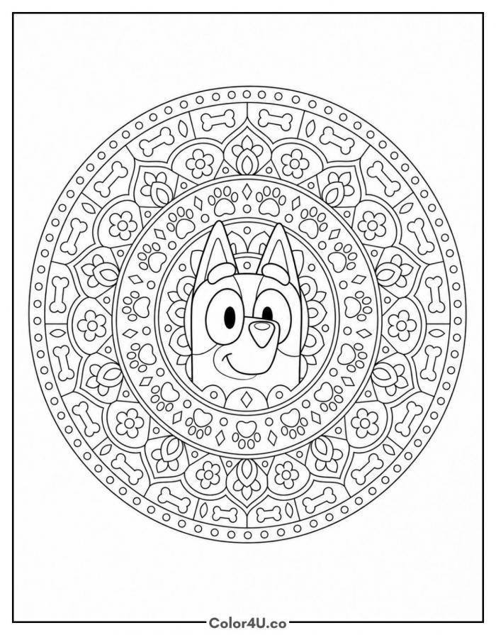 Bluey mandala with paw prints and bones, detailed Bluey coloring page, free printable