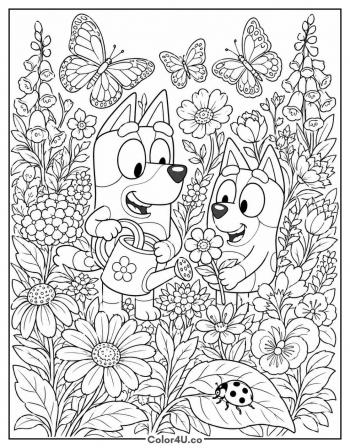Detailed Bluey and Bingo Garden Scene coloring page