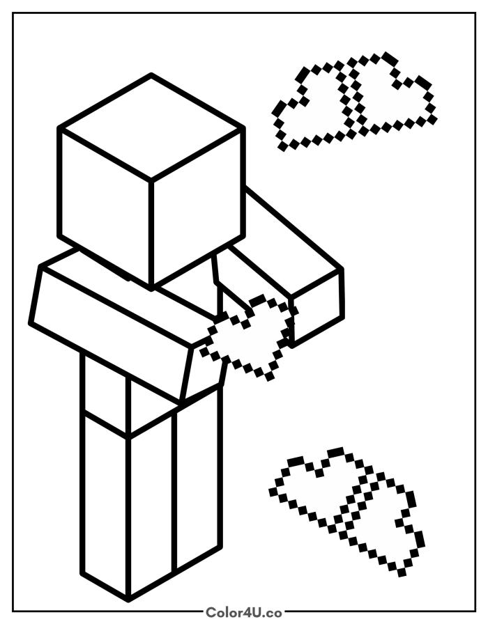 Minecraft character in bow pose with pixelated hearts, medium Minecraft coloring page, free printable