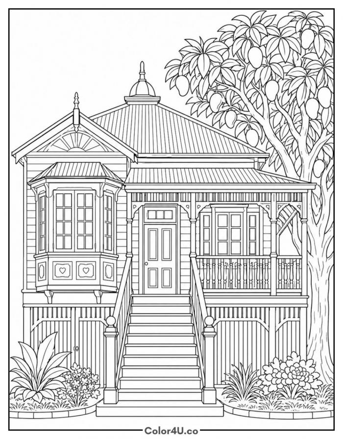 The Heeler family house with a mango tree, detailed Bluey coloring page, free printable