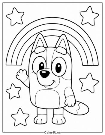 Chibi Bluey with Stars and Rainbows coloring page