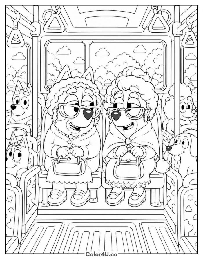 Two grannies sitting on a bus with handbags, detailed Bluey coloring page, free printable