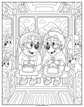 Detailed Grannies on the Bus coloring page