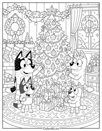 Detailed Bluey Christmas Scene coloring page
