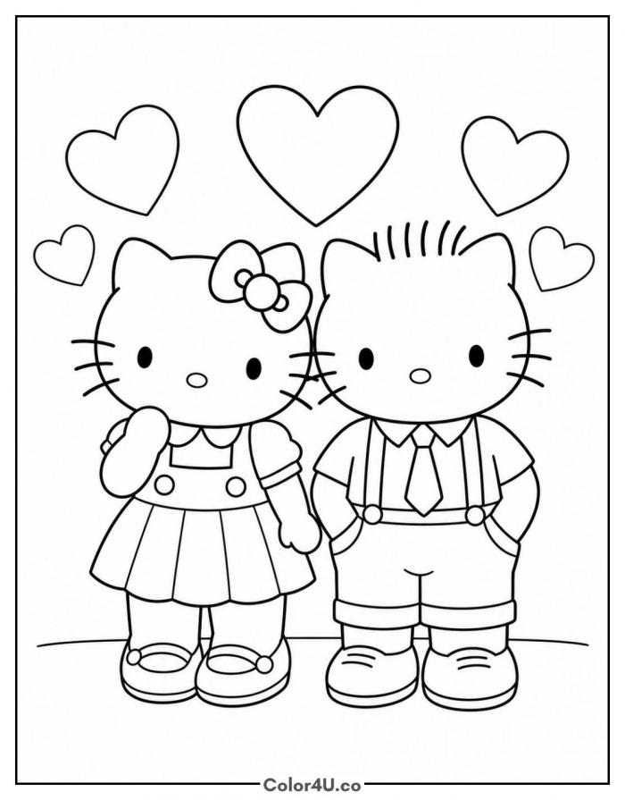 Hello Kitty and Dear Daniel holding hands, medium Hello Kitty coloring page, free printable