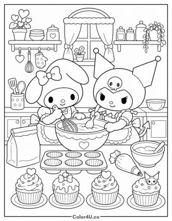 My Melody and Kuromi Bake Cupcakes coloring page