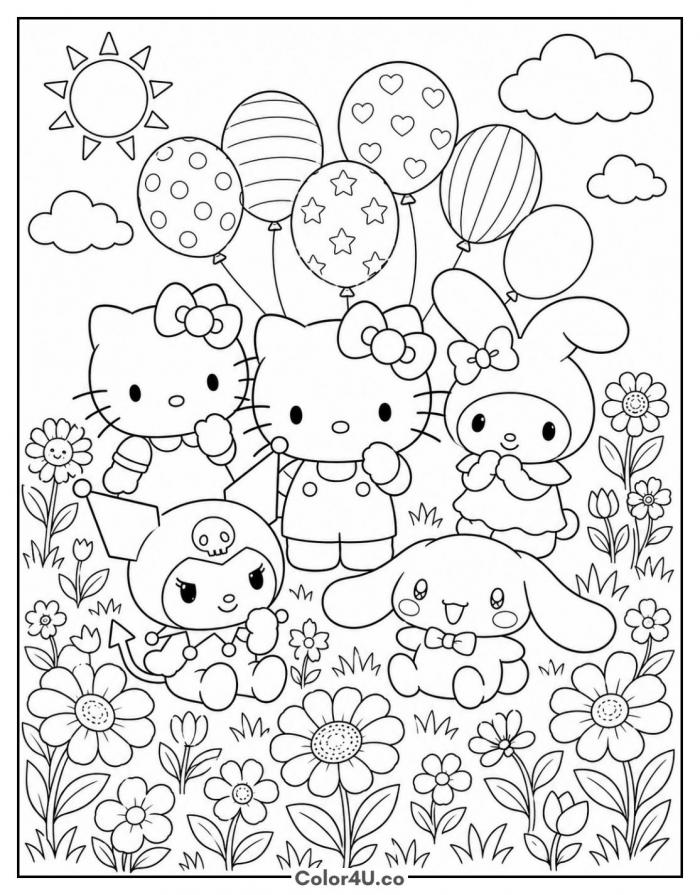 Hello Kitty and Sanrio friends with balloons, detailed Hello Kitty coloring page, free printable