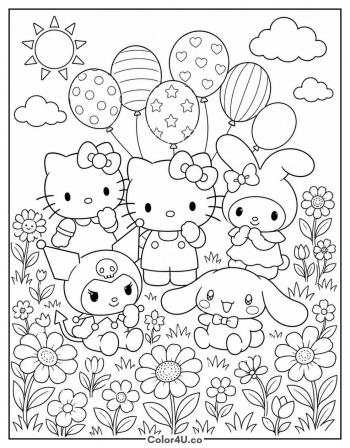 The Sanrio Friends Group Portrait coloring page