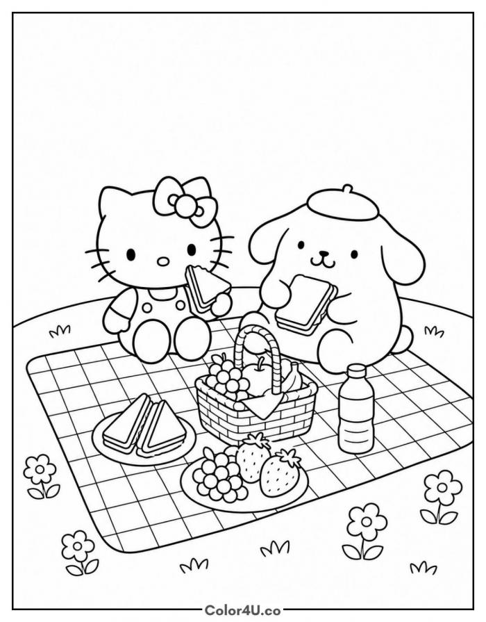 Hello Kitty and Pompompurin at a picnic, medium Hello Kitty coloring page, free printable