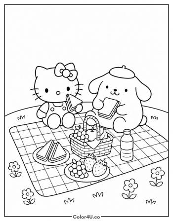 Pompompurin and Hello Kitty’s Picnic coloring page