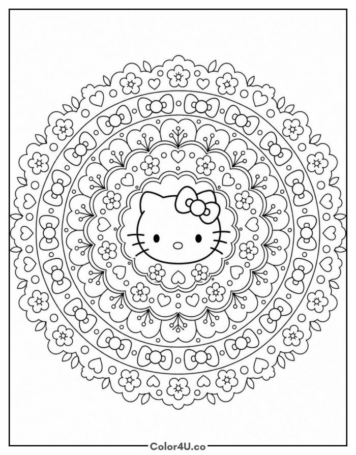 Hello Kitty bow mandala, detailed Hello Kitty coloring page, free printable